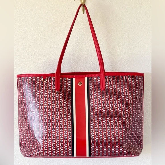 Tory Burch Gemini Link Large Red Logo Coated Canvas Vinyl Tote Bag - Picture 9 of 16